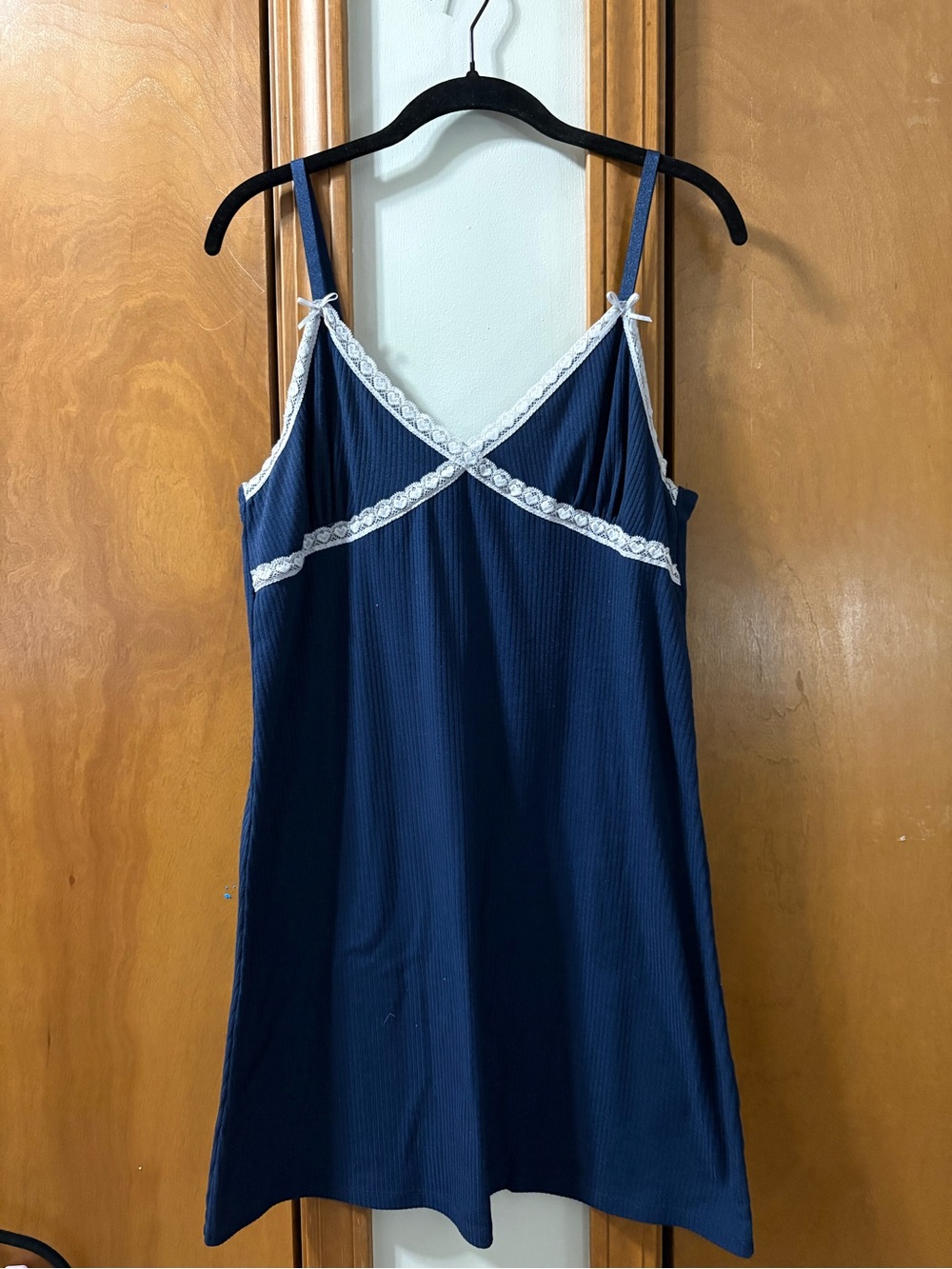 Fashion Nova Navy Slip Dress with White Lace Trim